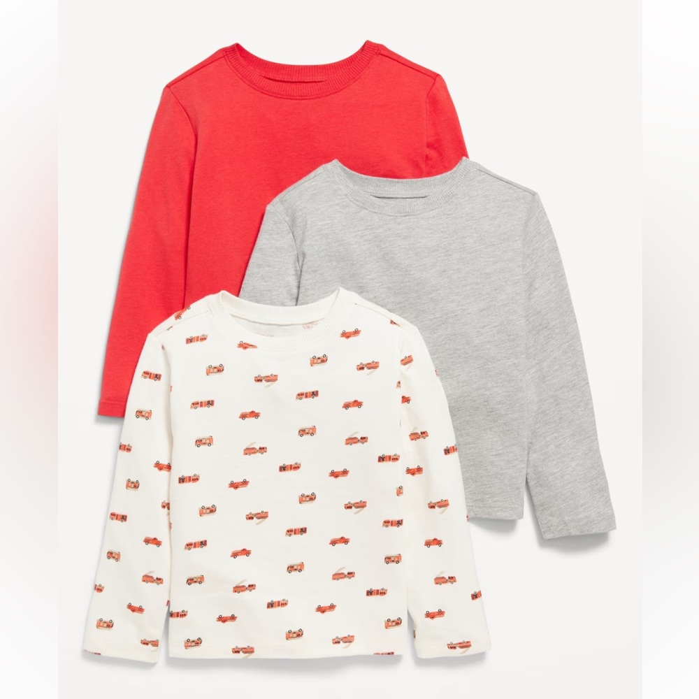NewToddler boys long sleeves Kids' Red, Gray, and White Car Print Shirts -3 Pack